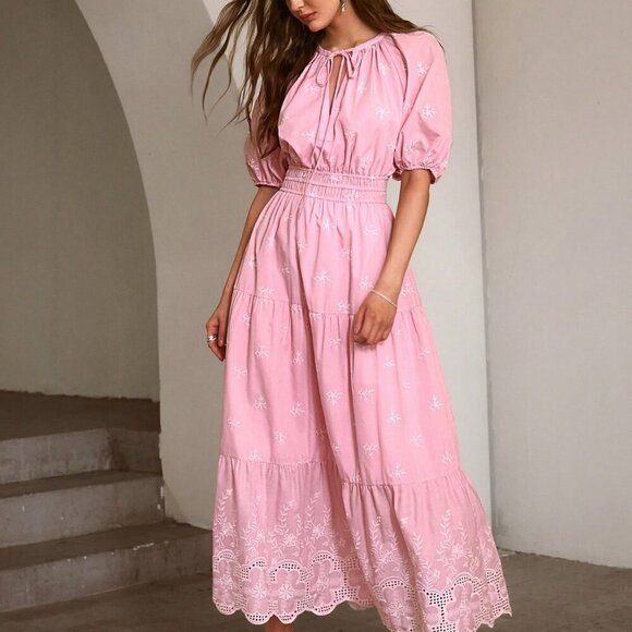 Dresses & Skirts - Pink Casual Women's Embroidered Lantern Sleeve Tie-Up Long Dress